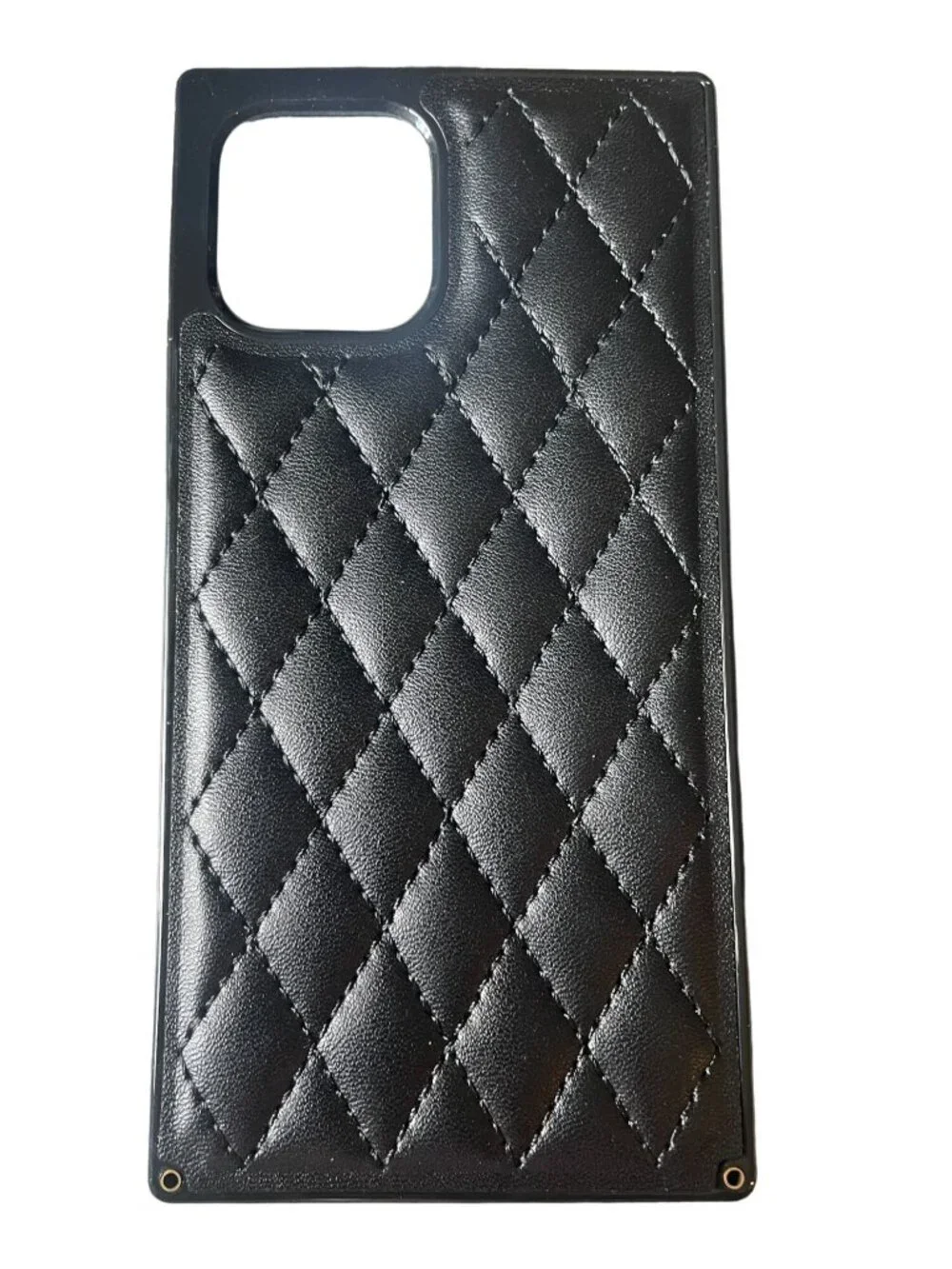 Black Quilted Leather‑Style Phone Case – Diamond Stitch Pattern, Camera Cutout